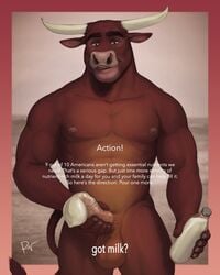 4:5 abs anthro balls bodily_fluids bovid bovine brown_eyes brown_fur cattle condom cum erection filled_condom fur genital_fluids got_milk hi_res horn licking licking_lips male male_only mammal muscular muscular_male nipples pecs penis rov self_lick solo tongue tongue_out