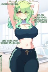 big_breasts ceres_fauna green_hair hololive hololive_english pov scrimblocrimbo sweatpants text thick_thighs virtual_youtuber