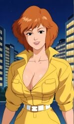 ai_generated april_o'neil april_o'neil_(tmnt_1987) bonnieaiart breasts brown_eyes brown_hair cleavage fully_clothed short_hair yellow_jumpsuit