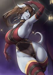 1girls armpits blue_eyes breasts brown_hair commission dancer dancing draenei elbow_gloves female gloves horns huge_breasts leotard long_hair monster_girl original packge purple_skin sideboob solo tail thick_thighs thighhighs warcraft wide_hips