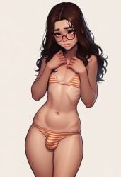 1boy ai_generated androgynous black_eyes brown_hair bulge civitai claire_(truep81) crossdressing femboy feminine feminine_male girly glasses long_hair looking_up male_focus male_only orange_bikini orange_stripes striped_bikini thighs truep81_(artist) white_bikini white_stripes