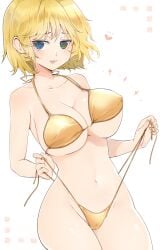 :p bare_arms bare_shoulders barely_clothed bikini_top blonde_female blonde_hair breasts breasts cleavage golden_bikini heterochromia large_breasts mzknk0 nipple_bulge nipples nipples_visible_through_clothing short_hair technically_clothed thin tongue_out undressing