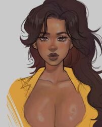 big_breasts brown_hair dark-skinned_female dead_estate gwenervi lydia_marsh yellow_clothing