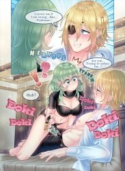 1girls blonde_hair blue_eyes byleth_(fire_emblem) byleth_(fire_emblem)_(female) dimitri_alexandre_blaiddyd english_text eyepatch female fire_emblem fire_emblem:_three_houses green_eyes green_hair imminent_sex indoors large_breasts male nintendo on_bed renee_rosenqueen tagme text undressing wholesome