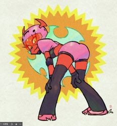 1girls ass bending_over bent_over butt clothed clothed_female demon demon_girl demon_horns fanart female female_focus female_only football_gear football_helmet football_player football_uniform gloves green_hair looking_at_viewer looking_back_at_viewer no_nude no_nudity non-nude non-sexual non_sexual official_art panty_&_stocking_with_garterbelt pink_shoes red_skin revealing_clothes scanty_daemon solo solo_female solo_focus white_background