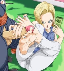 android_18 barefoot big_penis blonde_hair blue_eyes blue_nail_polish blue_nails blue_toenails dragon_ball dragon_ball_z earrings feet female foot_fetish footjob hand_and_footjob handjob male money nail_polish original_character painted_nails penis rankerhen soles toes