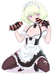 3boys alternate_costume apron blush crossdressing cum cum_on_body cum_on_face cum_on_lower_body enmaided erection facial femboy frills gay girly gloves half_gloves lio_fotia maid maid_apron maid_headdress maid_outfit maid_uniform male_only nagaguso off_shoulder oral penis promare puffy_sleeves short_hair thighhighs trap waist_apron yaoi