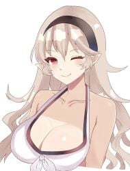 1girls bikini cleavage corrin_(fire_emblem) corrin_(fire_emblem)_(female) fire_emblem fire_emblem_fates grey_hair hairband large_breasts looking_at_viewer n_54 nintendo pointy_ears red_eyes smile swimsuit wink winking_at_viewer