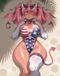 ai_generated american_flag bathing_suit beach blush demon demon_girl demon_horns demon_tail embarrassed indie_virtual_youtuber ironmouse looking_at_viewer lying_on_back royalcockwarmer stable_diffusion tan_body tanline virtual_youtuber vshojo