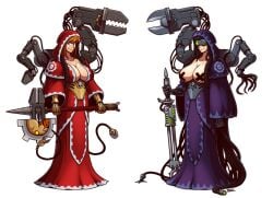 2girls adeptus_mechanicus augmentation axe big_breasts black_hair blade blazbaros breasts_out cable cables claws cleavage cleavage_window cloak corset cybernetic_arm cybernetic_arms cybernetic_eye cybernetic_limb cybernetic_limbs cybernetics damaged_clothes dress exposed_breasts female female_only fully_clothed ginger ginger_hair gold_(metal) imperium_of_man long_hair mechadendrites orange_hair pasties purple_eyes robe tattoo tattoos techpriest tendrils torn_clothes tube tubes warhammer_(franchise) warhammer_40k weapon wide_hips wire wires