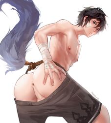 1boy abs anus ass ayer_(granblue_fantasy) balls balls_peek bandage bandage_on_face bandaged_arm bandaged_hand black_eyes black_hair bubble_ass bubble_butt butt clothed clothing gay grabbing grabbing_own_ass granblue_fantasy male_focus male_only mooning nipples presenting presenting_anus presenting_ass reddblush reddverse shorts shorts_down solo solo_focus solo_male tail testicle_peek testicles white_background