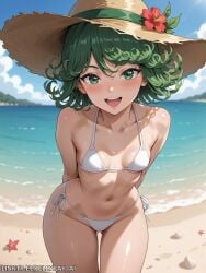 :d ai_generated arms_behind_back ass_visible_through_thighs bare_shoulders beach bikini blue_sky blush breasts cloud collarbone cowboy_shot curly_hair day female flower green_eyes green_hair hat hat_flower jellyray_ai leaning_forward looking_at_viewer navel ocean one-punch_man open_mouth outdoors sand short_hair side-tie_bikini_bottom sky small_breasts smile solo starfish straw_hat swimsuit tatsumaki water white_bikini