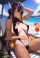 ahe_gao ai_generated ass beach big_breasts brown_hair e-sekai eel eyewear_on_head female female_only huge_breasts idol-en idol_corp juna_unagi pubic_hair sunglasses swimsuit tan_body tanlines virtual_youtuber vtuber yellow_eyes