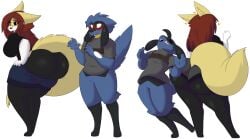 2021 3_toes 4_fingers 5_fingers anthro ass big_ass big_breasts big_butt black_body black_clothing black_eyes black_fur black_sclera black_shirt black_topwear blue_body blue_bottomwear blue_clothing blue_fur blue_hair blue_shorts blush bodily_fluids bottomless bottomless_male bottomwear braixen breasts bubble_butt butt_bump clothed clothing dart_(dewwydarts) dewwy(dewwydartz) dewwydarts dewwydartz dialogue dressing duo emanata featureless_crotch feet female fingers fluffy fluffy_tail fur furry game_freak generation_4_pokemon generation_6_pokemon grey_bottomwear grey_clothing grey_shirt grey_shorts grey_topwear hair heart_symbol hi_res huge_ass huge_breasts looking_back maddie(dewwydartz) maddie_(dewwydarts) male male/female motion_lines multicolored_body multicolored_fur nervous nintendo pokémon_(species) pokemon pokemon_(species) rear_view red_hair riolu shirt shorts simple_background simple_eyes standing sweat tagme tail thick_thighs toes topwear tripping two_tone_body two_tone_fur white_background white_body white_fur wide_hips yellow_body yellow_eyes yellow_fur