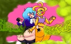 2d_(artwork) 2girls animatronic artist_signature ass ass_bigger_than_head ass_bigger_than_torso ass_focus ass_grab blush blush blush_lines chubby chubby_female eating fart fart_cloud fart_everywhere fart_fetish farting farting_at_viewer farts female female_only five_nights_at_freddy's five_nights_at_freddy's_2 food friday_night_funkin friday_night_funkin_mod furry grabbing_ass hamb0ne heart-shaped_pupils looking_at_viewer onomatopoeia panties pizza sharp_teeth skirt skirt_lift skyblue skyblue_(friday_night_funkin) skyverse text thick_ass thick_thighs thighhighs thighs toy_chica_(fnaf)