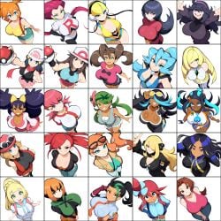 25girls 6+girls ai_generated alternate_breast_size big_breasts black_hair blonde_hair blue_eyes blue_hair brown_hair clair_(pokemon) cleavage collage collar cynthia_(pokemon) dark-skinned_female dark_skin dawn_(pokemon) delia_ketchum_(pokemon) elesa_(pokemon) female female_only flannery_(pokemon) from_above game_freak gardenia_(pokemon) geeta_(pokemon) group hex_maniac high-angle_view human iris_(pokemon) jessie_(pokemon) kasumi_(pokemon) large_breasts latina leaf_(pokemon) light-skinned_female light_skin lillie_(pokemon) long_hair looking_at_viewer lusamine_(pokemon) mallow_(pokemon) mature_female milf mullon multiple_girls nemona_(pokemon) nessa_(pokemon) nintendo novelai orange_hair pink_hair poke_ball pokemon pokemon_(anime) pokemon_bw pokemon_bw2 pokemon_dppt pokemon_frlg pokemon_gsc pokemon_hgss pokemon_journeys pokemon_oras pokemon_rgby pokemon_rse pokemon_sm pokemon_ss pokemon_sv pokemon_xy purple_hair red_hair sabrina_(pokemon) serena_(pokemon) shauna_(pokemon) shelly_(pokemon) shelly_(pokemon_oras) skyla_(pokemon) smile sonia_(pokemon) standing team_rocket team_rocket_uniform thumbs_up two_tone_hair whitney_(pokemon)