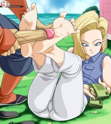 android_18 barefoot big_penis blonde_hair blue_eyes dragon_ball dragon_ball_z earrings feet feet_up female foot_fetish footjob male money original_character penis rankerhen soles toes