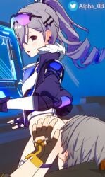 1boy 1girls alpha_08 ass ass_grab caelus_(honkai:_star_rail) computer computer_monitor cunnilingus drill_hair gray_hair honkai:_star_rail jacket pussy_eating silver_wolf_(honkai:_star_rail) straight surprised surprised_expression visor_(eyewear)