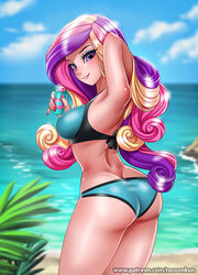 1girls armpits ass beach bikini breasts clothes curly_hair female female_only friendship_is_magic human humanized long_hair looking_at_viewer looking_back makeup milf multicolored_hair my_little_pony outdoors princess_cadance_(mlp) purple_eyes racoonkun shiny shiny_hair shiny_skin smile smiling solo standing suggestive summer swimsuit thighs water