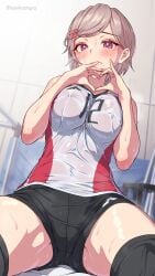 absurdres blush breast_press brown_hair covered_erect_nipples embarrassed female hair_ornament heart heart_hands highres kanikatsuya mole mole_under_mouth original pink_eyes see-through_clothes short_hair shorts sitting solo sportswear sweat two-tone_shirt volleyball_uniform wet wet_clothes