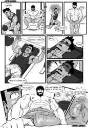 balls bara beard boner bulge capcom clothing comic crossover erection erection_under_clothes exercise facial_hair flaccid gay little_mac lupin_barnabi male male_only monochrome muscles muscular nintendo penis punch_out ryu_(street_fighter) shirtless speech_bubble street_fighter super_smash_bros. sweat sweating working_out