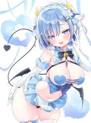 bangs big_breasts blue_eyes blue_hair cow_ears cow_horns gloves gradient_eyes large_breasts long_gloves maid maid_bikini medium_hair neoteny nikuya_(nikuniku_nikuya) panties succubus_tail succubus_wings thighs white_gloves