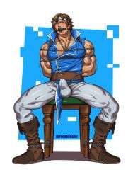 ball_gag balls bara boner bulge castlevania chains clothing erection erection_under_clothes fully_clothed hands_behind_back hands_tied_behind_back lupin_barnabi male male_only muscles muscular penis richter_belmont sitting solo solo_male