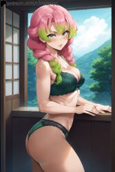 ai_generated blush bra clowenqq demon_slayer female female green_eyes kanroji_mitsuri kimetsu_no_yaiba looking_at_viewer multicolored_hair panties solo standing thick_thighs thighs underwear underwear_only