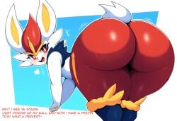 absurd_res ai_generated anthro ass big_butt blush bodily_fluids butt_focus cinderace female fur generation_8_pokemon heart hellsonger hi_res huge_butt lagomorph looking_at_viewer looking_back mammal nintendo open_mouth pokemon pokemon_(species) presenting_hindquarters red_body shaking_butt short_tail simple_background smile solo sweat thick_thighs white_body white_fur