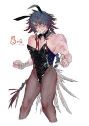 1boy arknights blue_hair braid braided_ponytail bunny_boy bunny_ears bunnysuit cuntboy cuntboy_only facial_hair feathers glasses latex latex_clothing leotard mr._nothing_(arknights) round_glasses scar shiny_clothes solo_male squatting tagme ten_yen tights