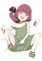 :d bed blunt_bangs blush bocchi_the_rock! braid closed_eyes dress drunk female flat_chest full-face_blush green_dress highres hiroi_kikuri long_hair nail_polish nicora oerba_yun_fang on_bed purple_hair sandals simple_background smile spread_legs spread_pussy spread_pussy_under_clothes white_background