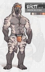 abs amber_eyes anthro balls_outline biceps big_bulge big_muscles big_pecs black_nose bulge chest_tuft claws clothed clothing detailed_bulge ear_piercing fur genital_outline grey_body grey_fur grey_hair hair headgear headkerchief headwear hi_res himbo hyena industrial_piercing jockstrap jockstrap_only kerchief looking_at_viewer male mammal mane mane_hair manly muscular muscular_male nipple_piercing nipples orange_clothing orange_headkerchief orange_jockstrap orange_kerchief orange_underwear pecs penis_outline piercing pubes rhett_(washbearmonty) signature solo standing striped_body striped_fur striped_hyena stripes toe_claws topless tuft underwear underwear_only washbearmonty