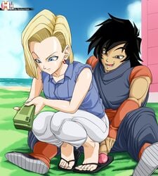 android_18 blonde_hair blue_eyes blue_nail_polish blue_nails dragon_ball dragon_ball_z earrings feet female flip_flops foot_fetish footjob male money nail_polish original_character painted_nails penis rankerhen sandaljob sandals shoejob squatting tiptoes toes