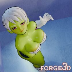 1:1 1girls 3d 3d_(artwork) big_breasts boob_squish breasts cheelai dragon_ball dragon_ball_super female forge3d green_skin highres short_hair smirk smirking smirking_at_viewer smirking_face solo_female very_short_hair white_hair