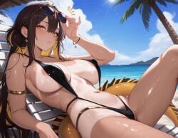 ahe_gao ai_generated ass beach big_breasts brown_hair e-sekai eel female female_only huge_breasts idol-en idol_corp juna_unagi sunglasses swimsuit tan_body tanlines virtual_youtuber vtuber yellow_eyes