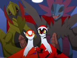 2boys 2girls 4:3 absurd_res alternate_color ambiguous_gender black_sclera black_skin blue_background blue_fur blue_skin chubby claws dragon erection feral green_skin haxorus hi_res huge_penis hydreigon imminent_sex larger_male latias legendary_pokémon long_neck male nintendo nude patreon penis photobooth pokemon pokemon_(species) pokemon_bw pokemon_rse purple_skin red_eyes red_fur scalie size_difference smaller_female text thick_thighs tusks video_games watermark white_fur wide-eyed wide_hips winick-lim yellow_eyes