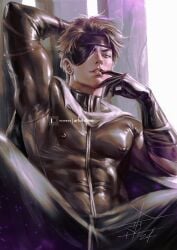 1boy aizen_sousuke biceps biting_own_finger bleach brown_hair earrings eyepatch leather_clothing male muscular muscular_male nipples_visible_through_clothing one_arm_up only_male pierced_nipples seductive_look sole_male solo xtevestrange yaoi