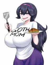 1girls allbeatnik big_breasts female grey_eyes hairband hex_maniac hex_mom holding_plate huge_breasts light-skinned_female long_hair looking_at_viewer milf mommy purple_hair purple_pants sandwich smiling_at_viewer solo spatula