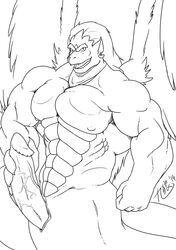 2014 animal_genitalia belly_scales big_muscles disney erection feathered_wings feathers gargoyle gargoyles genital_slit holding_penis kyuuhari male male_only monochrome muscular naga nipples penis reptile scales scalie slit snake solo vein veiny_penis wings zafiro_(gargoyles)