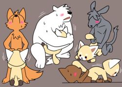 2019 aggressive_retsuko ailurid anthro asinus bodily_fluids canid canine donkey equid equine fur male male/male male_only mammal maned_wolf manmosu_marimo ookami_(aggretsuko) polar_bear red_panda resasuke sanrio shirota smooth_fur tadano_(aggretsuko) ursid ursine white_fur