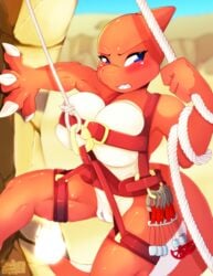 1girls 2019 4_fingers abs anthro anthrofied armpits big_breasts big_hands blue_eyes blush breasts charmeleon claws cleavage clenched_teeth climbing clitoris covered_nipples day detailed_background eyelashes female female_only half-closed_eyes harness holding huge_breasts looking_away muscular muscular_female muscular_legs nintendo nipples nude orange_skin original_character outdoors pokémon_(species) pokemon pokemon_rgby pussy reptile rope scalie sharp_teeth skwidbone solo spread_legs suspension tail teeth text underboob video_games watermark white_skin