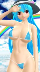 2025 3d angel beach big_breasts bikini blue_sky blush breast clavicle cleavage clouds cyan-haired_female cyan_bikini hat hati_yukkuri_mmd headwear hips humanoid light-skinned_female long-haired_female mmd navel one_arm_up open_mouth rainbow red-eyed_female sky swimsuit tenshi_hinanawi touhou water
