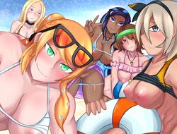 5girls abs alternate_breast_size areolae bea_(pokemon) beach big_breasts bikini blonde_hair blue_eyes blue_hair blush breasts breasts_out brown_eyes brown_hair dark-skinned_female dark_skin female female_only gloria_(pokemon) green_eyes grimmelkin huge_breasts human human_only large_breasts long_hair looking_at_viewer multiple_girls nessa_(pokemon) nintendo nipples oleana_(pokemon) orange_hair outdoors peach_hair pokemon pokemon_ss pussy short_hair smile sonia_(pokemon) sweat wet