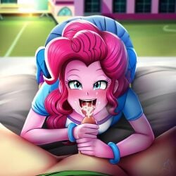 cum_in_mouth equestria_girls handjob looking_at_viewer my_little_pony pinkie_pie_(mlp) pov_eye_contact school_background