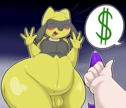 bloocherrypie blush girly human nervous_smile obese obese_male offering offering_money pokemon riolu shiny_skin simple_background small_penis yellow_body