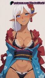 1girls ai_generated bra curvaceous curvy curvy_body curvy_female dark-skinned_female dark_body dark_elf dark_skin electroworld elf elf_ears elf_female female female female_focus female_only gate_-_jieitai_ka_no_chi_nite_kaku_tatakaeri highres inviting_to_sex kimono panties seductive seductive_look seductive_pose shiny_skin simple_background solo solo_female uncensored underwear voluptuous voluptuous_female white_hair yao_haa_dushi