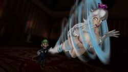 1boy 1girls 3d 3d_artwork boo_(mario) boosette breasts breasts choovy3 clothed_male_nude_female clothing crown female ghost ghost_girl humanoid indoors long_hair luigi luigi's_mansion male mario_(series) nintendo nipples nude nude_female nude_female_clothed_male open_mouth senftember vacuum vacuum_suck voluptuous white_hair