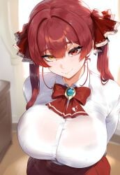 ai_generated bikini blush breasts dark-skinned_male feet female heterochromia hololive houshou_marine huge_breasts juuicyai massive_ass massive_breasts red_eye red_hair sweat yellow_eyes