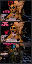 1boy 1girls 3d 3d_(artwork) ahe_gao alternate_version_available animatronic_female areolae big_ass big_breasts big_butt big_penis breasts comic comic_panel cum_in_pussy cum_inside female five_nights_at_freddy's fnaf fnaf2_location from_behind heart heart-shaped_pupils lactation looking_back male muscular muscular_male nipples penis pinklovec4d pussy spanish_text straight table_sex tagme text tongue_out toy_chica_(fnaf) toy_chica_(love_taste) you