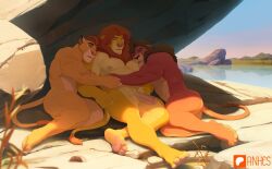 3boys anhesart animal_ears anthro artist_name bara closed_eyes closed_mouth completely_nude english_commentary fangs flaccid furry furry_male furry_only hug kion_(the_lion_guard) kovu_(the_lion_king) lake lion_boy lion_ears lion_mane lion_tail male_focus multiple_boys navel nipples nude on_floor open_mouth patreon_logo pawpads penis rock simba sleeping tail testicles the_lion_guard the_lion_king the_lion_king_2:simba's_pride whiskers